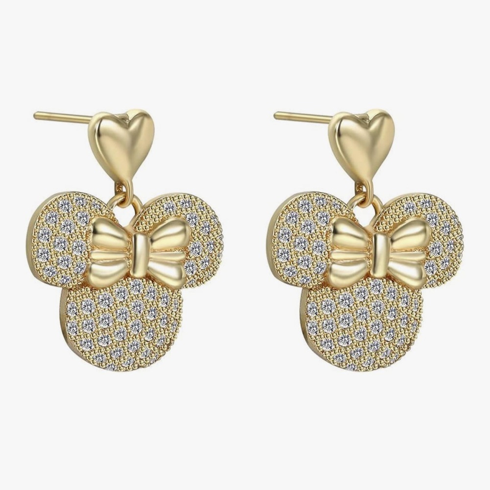 GOLD Sparkly Minnie Mouse Drop 14k Gold Plated Earrings With Gift Box
